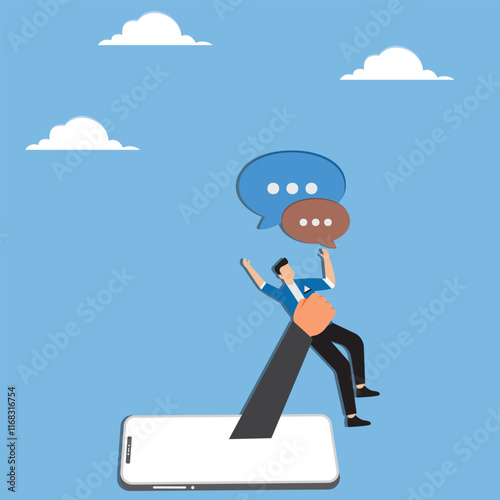Male businessman experiencing cyberbullying, hate speech or aggressive attacking online comments, online violence, businessman caught by the outstretched hand of a smartphone