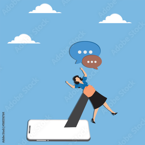Female businessman experiencing cyberbullying, hate speech or aggressive attacking online comments, online violence, businessman caught by the outstretched hand of a smartphone