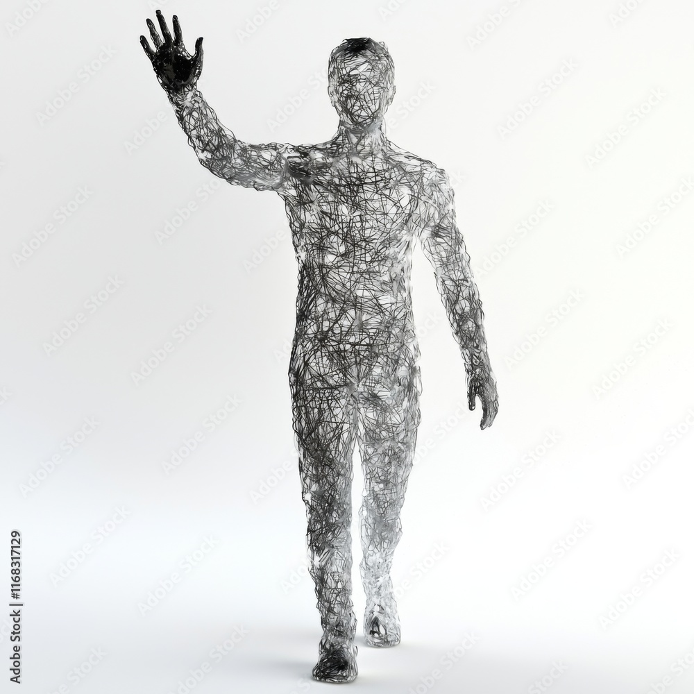 Abstract human figure made of intricate lines waving to the viewer, representing connection and communication in a digital age Abstract human figure made of intricate lines waving to the viewer, representing connection and communication in a digital age