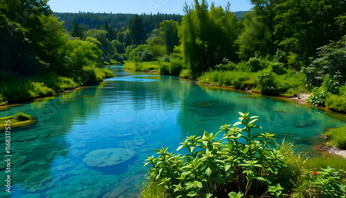 Serene River Landscape: A Crystal-Clear Stream Winds Through Lush Green Foliage Under a Bright Summer Sky