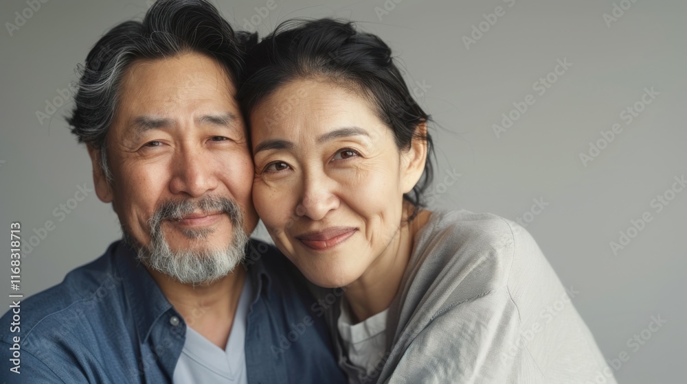 Valentine's Day, Middle-aged asian couple hugging, embracing, portrait, together, relaxed smiles, casual stylish outfits, soft natural light, elderly couple, love, romantic holiday celebration, date. Valentine's Day, Middle-aged asian couple hugging, embracing, portrait, together, relaxed smiles, casual stylish outfits, soft natural light, elderly couple, love, romantic holiday celebration, date.