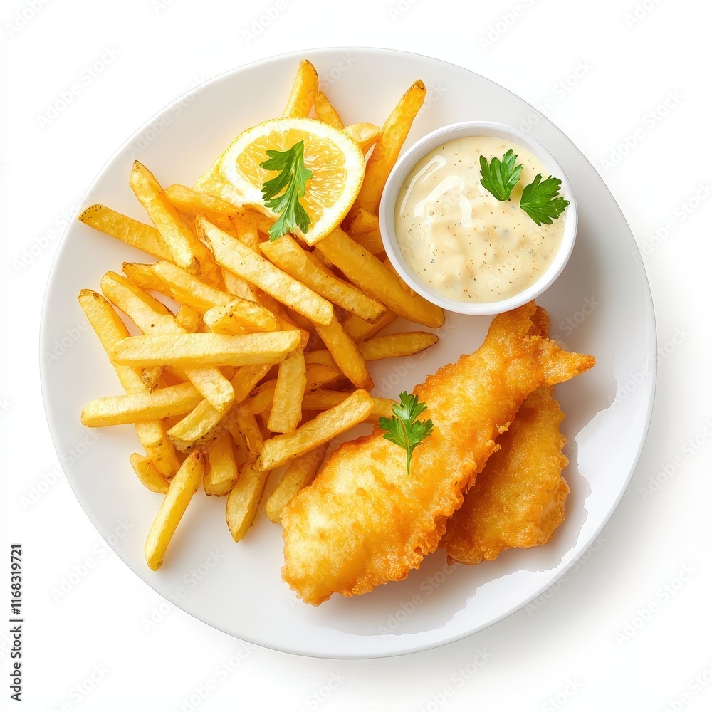 a plate of fish and chips, British classic, semi-realistic painting style, golden tones, isolated on white background a plate of fish and chips, British classic, semi-realistic painting style, golden tones, isolated on white background