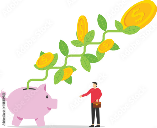 Businessman investor hand holding money flower plant from piggy bank. Investment growth, prosperity or earn more money from savings, mutual funds. Modern vector illustration in flat style

