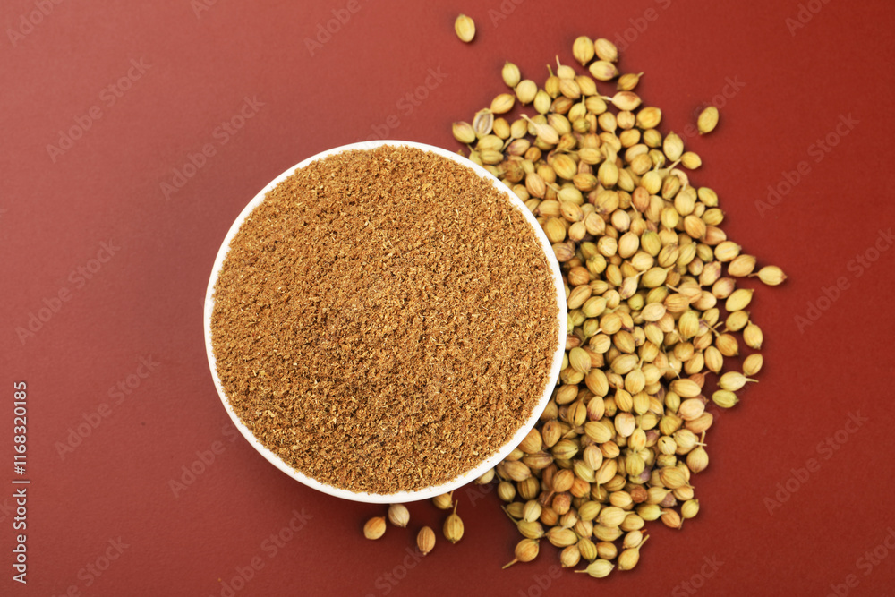 Indian spices, Coriander Powder or Dhaniya Powder with Coriander seeds ingredient for Indian cooking