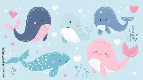 The cute and careful whale shapes scattered throughout the image give a happy and cheerful impression, an element that attracts children into a fantasy world full of wonder photo