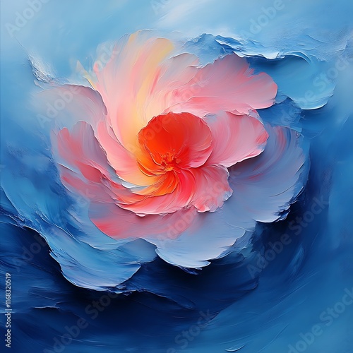 Abstract swirling flower in blue and pink hues.