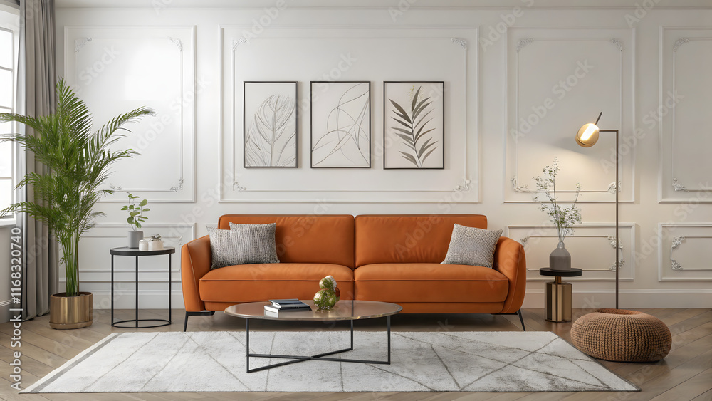 Fototapeta premium Elegant living room boasting an orange couch wall art and expansive windows