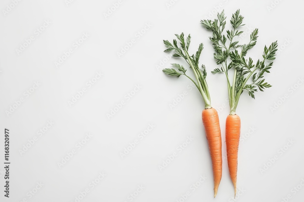 Two fresh carrots with green tops on white background. (2) Two fresh carrots with green tops on white background. (2)