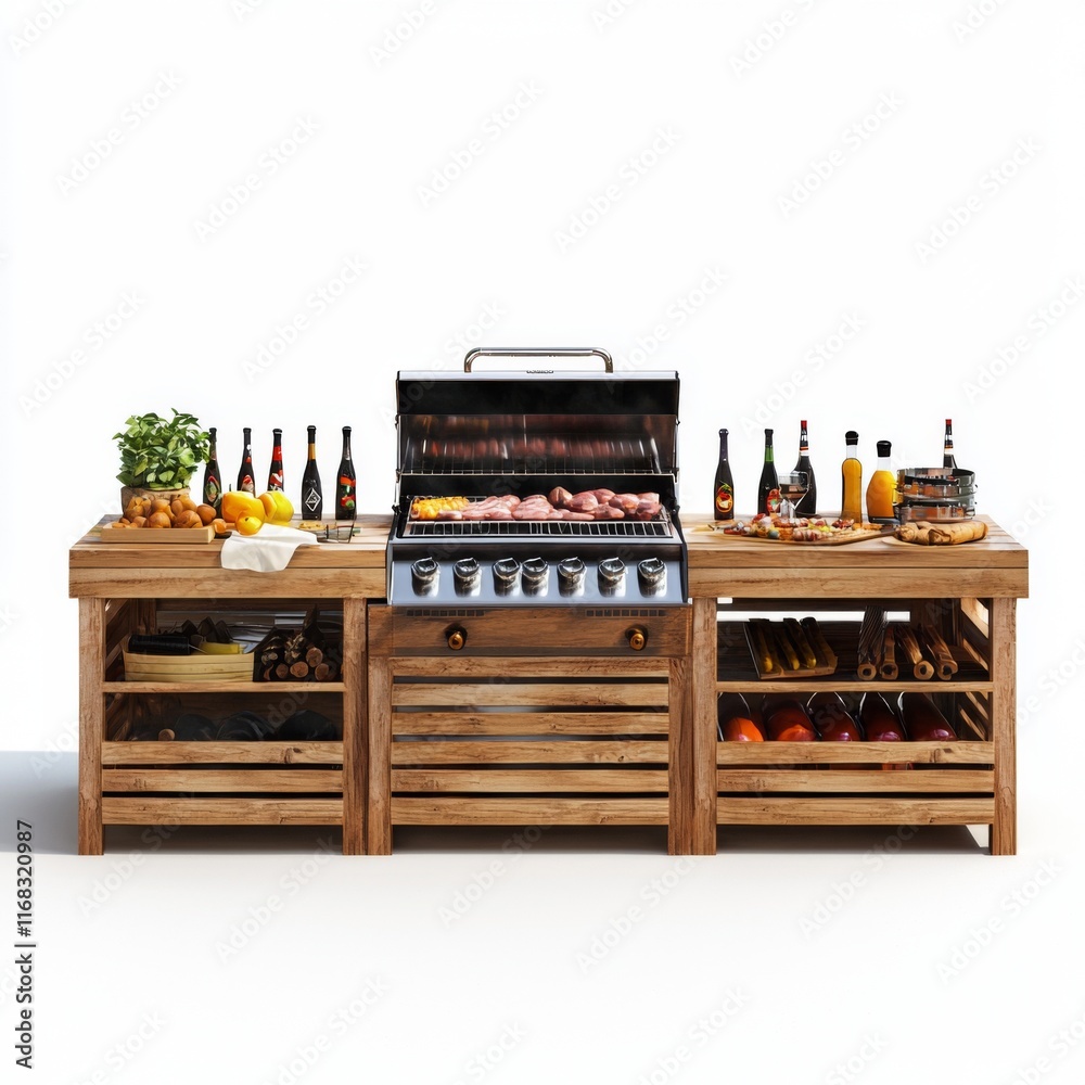 Outdoor Wood Grill Station with Fresh Ingredients, Bottles, and Grilled Food in Bright White Background Outdoor Wood Grill Station with Fresh Ingredients, Bottles, and Grilled Food in Bright White Background