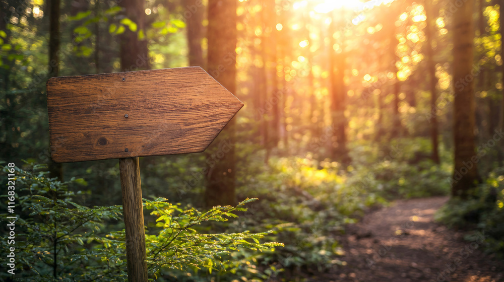 Fototapeta premium wooden sign pointing in forest during sunny spring day