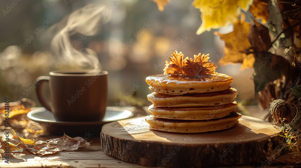 Stack of Golden Pancakes with Maple Syrup and Steaming Coffee on a Rustic Wooden Plate Stack of Golden Pancakes with Maple Syrup and Steaming Coffee on a Rustic Wooden Plate