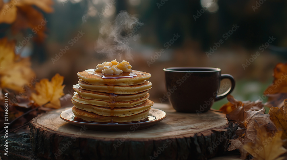 Stack of Golden Pancakes with Maple Syrup and Steaming Coffee on a Rustic Wooden Plate Stack of Golden Pancakes with Maple Syrup and Steaming Coffee on a Rustic Wooden Plate