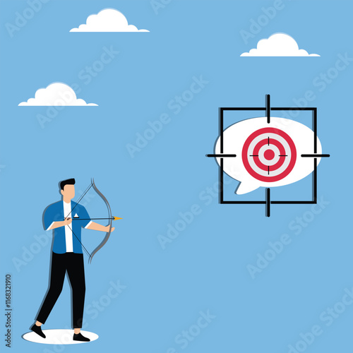 Precisely understand, record and summarize the conclusions of the speech, the businessman with a bow and arrow shoots the bull's-eye in the speech bubble with pinpoint accuracy photo