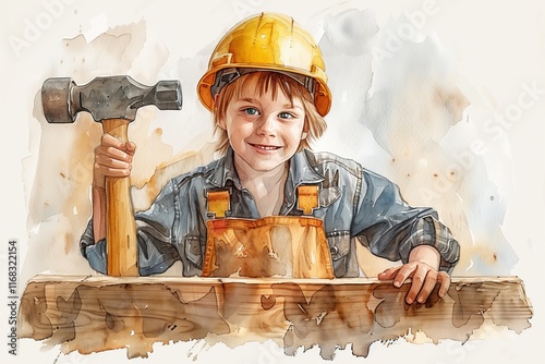 A joyful child in a safety helmet holds a hammer, ready to build and create, embodying youthful energy and creativity. photo