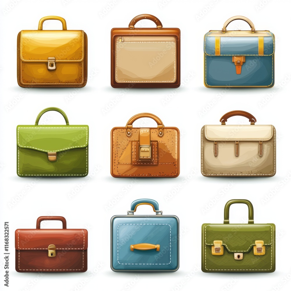 Collection of Colorful Briefcases and Handbags in Various Styles and Textures for Business and Fashion Use Collection of Colorful Briefcases and Handbags in Various Styles and Textures for Business and Fashion Use