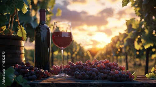 Red Wine Bottle Glass Grapes Vineyard Sunset photo