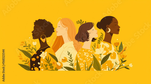 Illustration image of four women with yellow flowers symbolizing International Women's Day