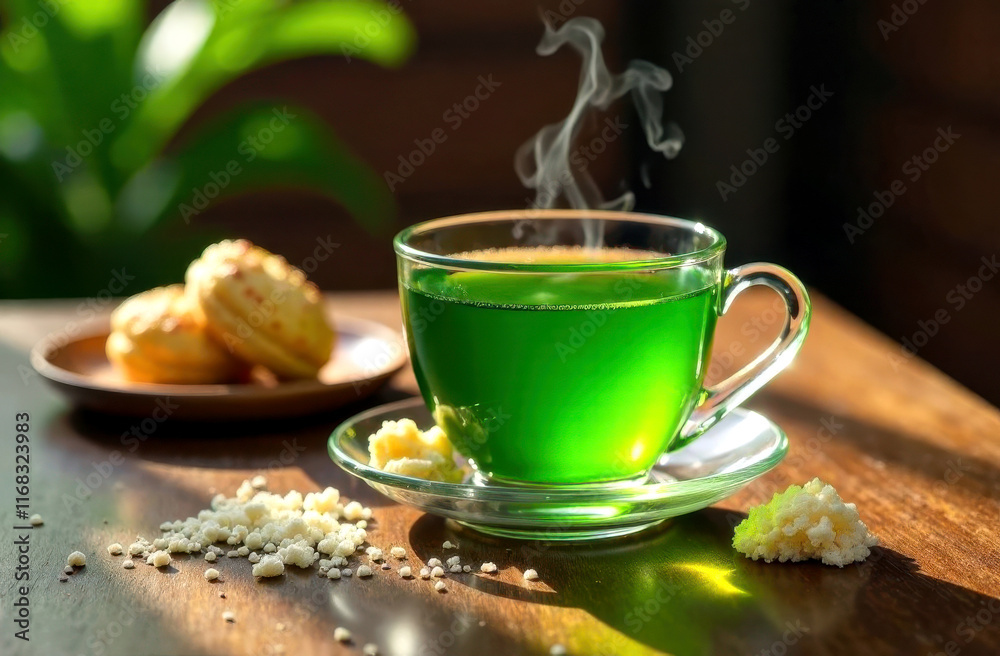 Steaming green tea in glass cup with biscuits on wooden table Steaming green tea in glass cup with biscuits on wooden table