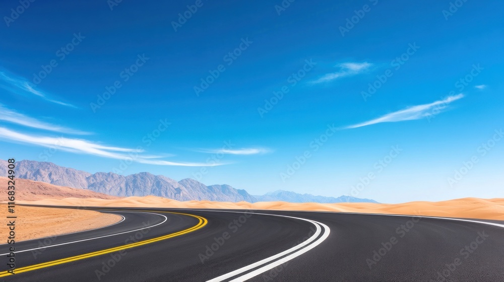 Naklejka premium A winding road through a desert landscape under a clear blue sky.