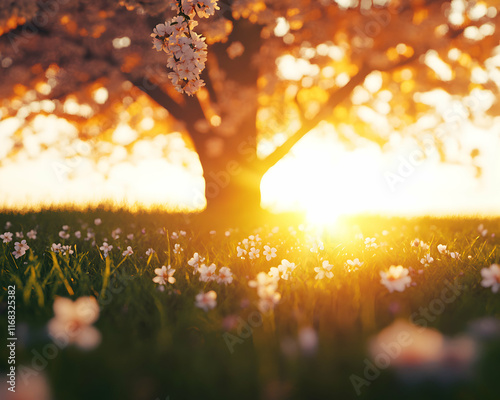 Serene sunset scene featuring a blossoming tree and a field of wildflowers bathed in golden light.  Perfect for springtime, nature, and tranquility themes. photo