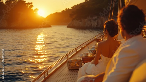 A romantic couple enjoys a sunset cruise on a luxury yacht, the golden light reflecting on the water creating a magical atmosphere.
