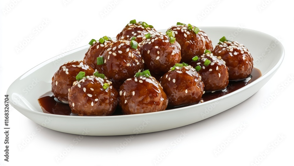 Delicious glazed meatballs on an oval platter, garnished with sesame seeds and green onions. Delicious glazed meatballs on an oval platter, garnished with sesame seeds and green onions.