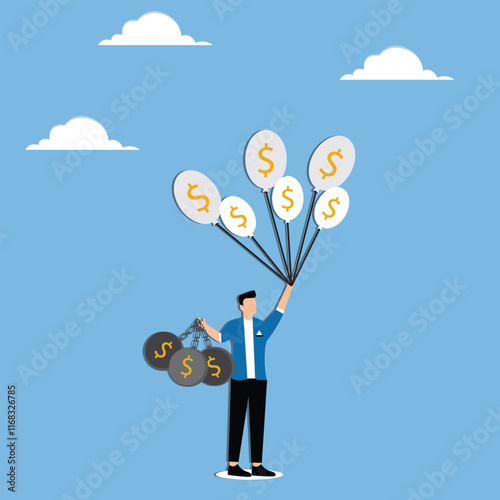 Business growth, inflation, investment bubbles, debt crises, recessions, financial bubbles, holding a balloon that's flying downward and holding an iron ball that's falling downward