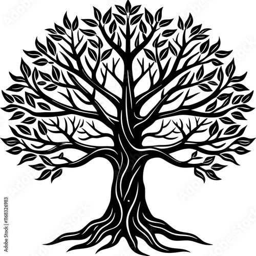 Detailed Tree of Life Silhouette with Branches and Leaves - Nature Vector Illustration

