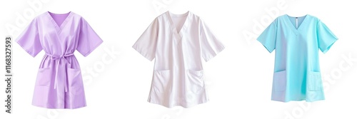 Medical tools surgical concept. Stylish hospital gowns in lavender, white, and aqua. Perfect for providing comfort and a clean appearance in healthcare settings.