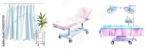 Medical tools surgical concept. A serene medical environment featuring curtains, a treatment table, and surgical equipment, ideal for healthcare concepts.