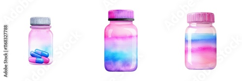 Medical tools surgical concept. Colorful collection of transparent bottles filled with vibrant liquids and capsules, ideal for health and wellness themes.