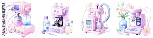 Medical tools surgical concept. Colorful collection of skincare machines with a soft pink aesthetic for beauty and wellness applications.