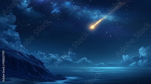 A serene night sky illuminated by a shooting star over a tranquil ocean and rocky shoreline, creating a magical atmosphere.