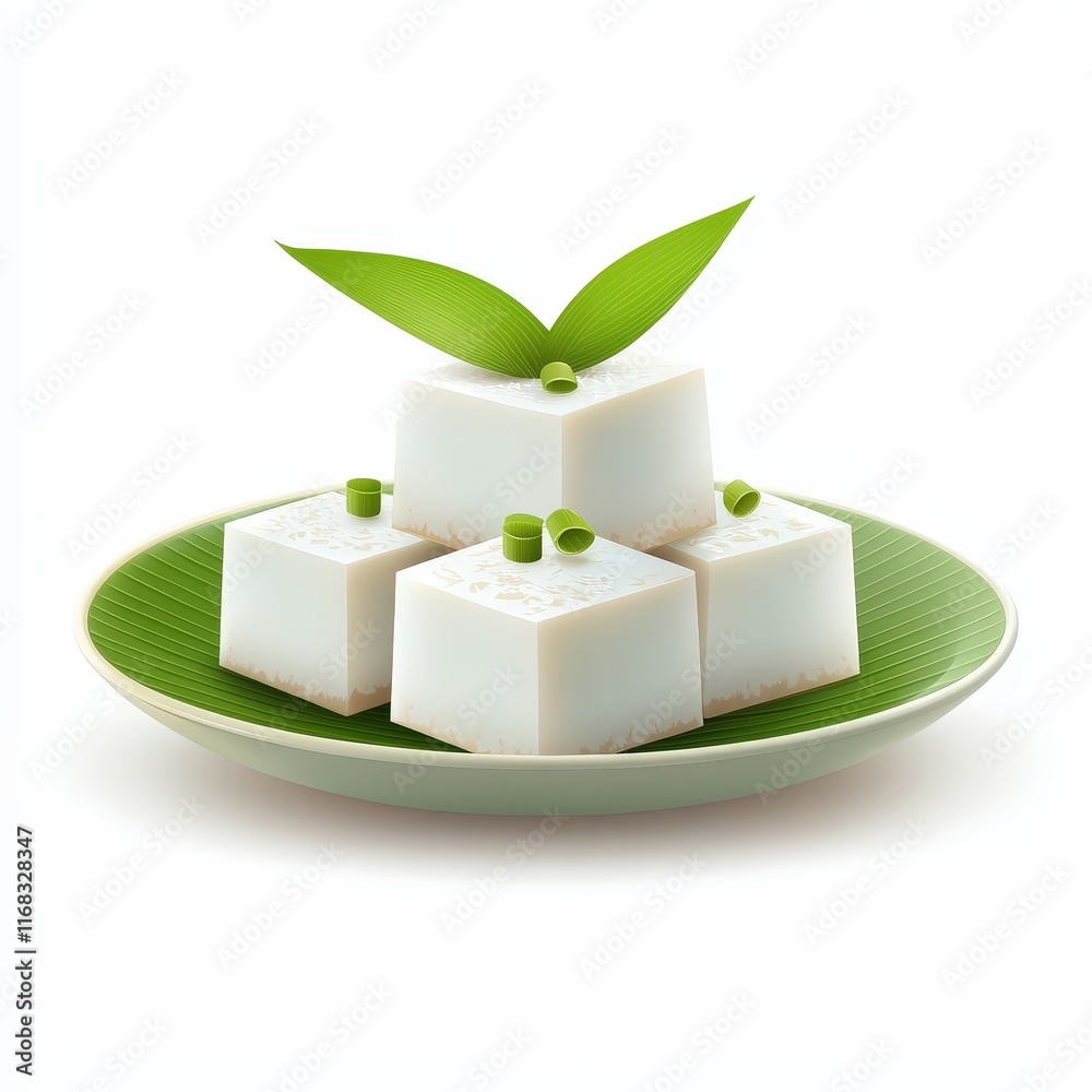 a plate of Thai coconut milk custard (Khanom Thuai), flat design illustration, creamy pastel tones, isolated on white background a plate of Thai coconut milk custard (Khanom Thuai), flat design illustration, creamy pastel tones, isolated on white background