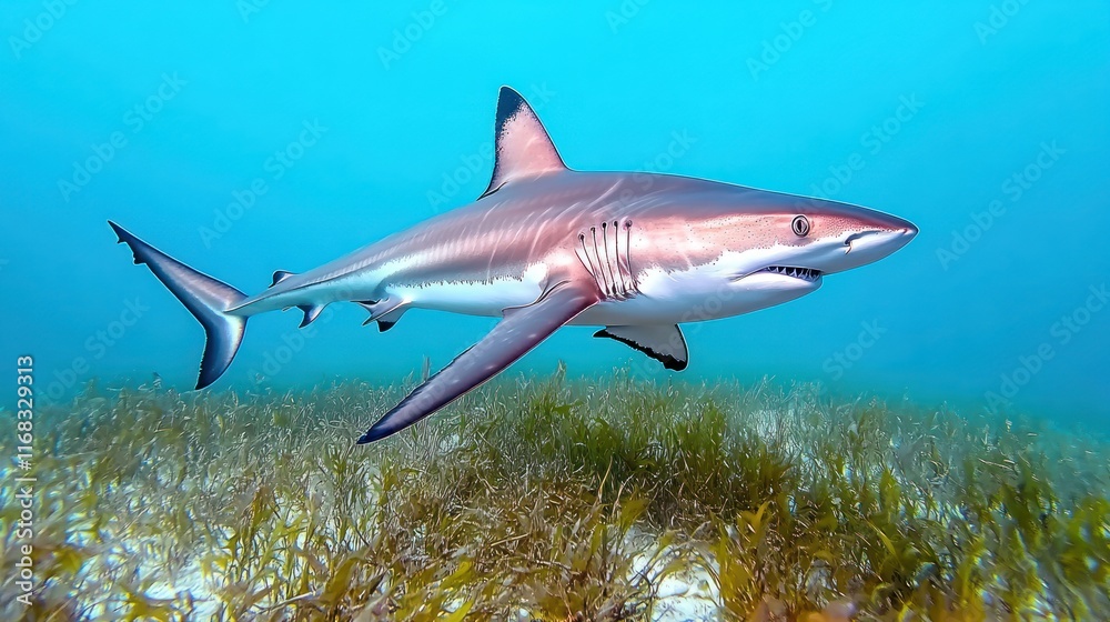 Naklejka premium A shark swimming gracefully through underwater vegetation.