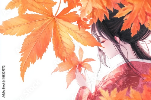 Serene girl in autumn kimono amidst maple leaves. photo