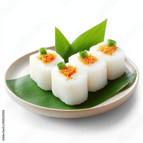 a plate of Thai coconut rolls (Thong Muan), minimal illustration, soft creamy colors, isolated on white background photo