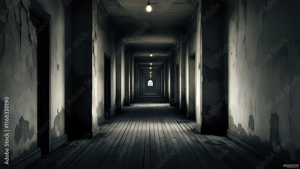 Empty horror hallway with little lighting background. Long empty dark corridor in abandoned building, perspective Empty horror hallway with little lighting background. Long empty dark corridor in abandoned building, perspective