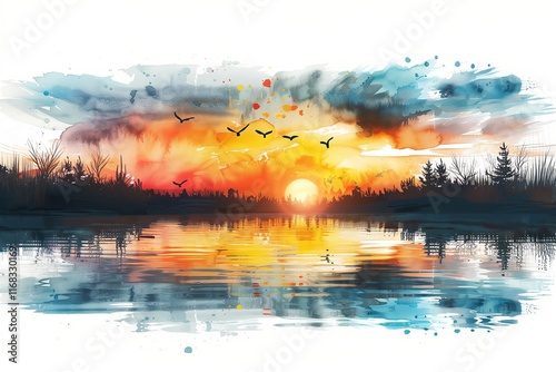 A serene sunset over a tranquil lake, with vibrant colors reflecting in the water and birds flying in the sky. photo