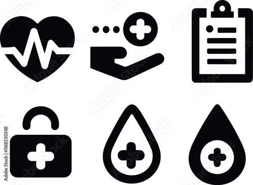 Icon set of health, wellness and nature with medical, heart, and plant symbols in minimalistic style