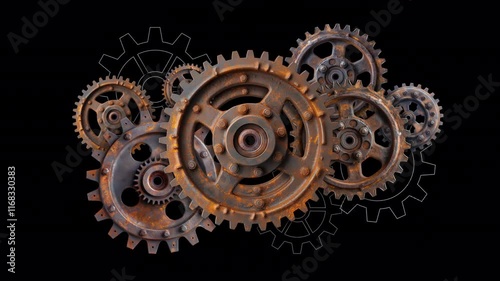 Old rusty gears in constant rotation.  You Can Place The Element On Any Background Or Picture.