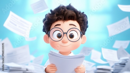 A cheerful animated character with glasses holds a stack of papers, surrounded by floating sheets, evoking a sense of curiosity and excitement about learning.