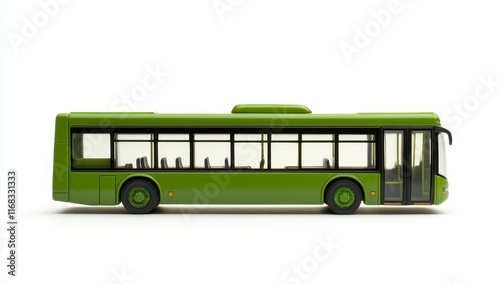 Side view of a green city bus on white background.