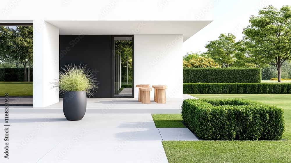 Obraz premium Modern outdoor space with planters and manicured landscaping.