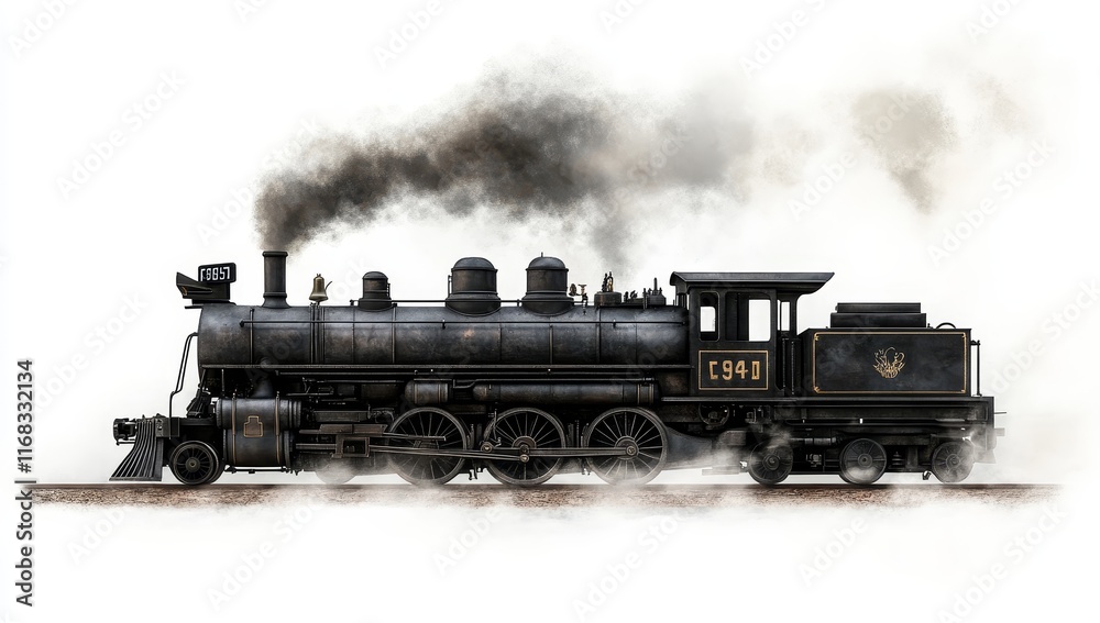 Obraz premium Vintage steam locomotive train emitting dark smoke, isolated on white background.