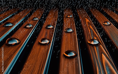 Rain drops on dark wood surface.