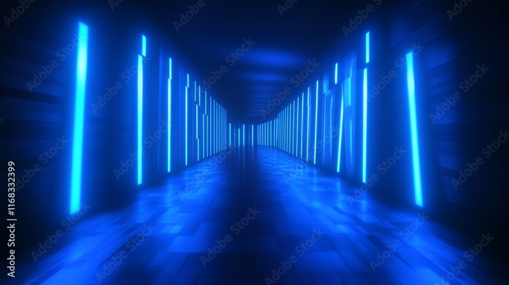 Fototapeta premium A futuristic corridor illuminated by vibrant blue lights, creating a surreal and immersive atmosphere.