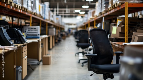 Empty warehouse aisle with desks and chairs.