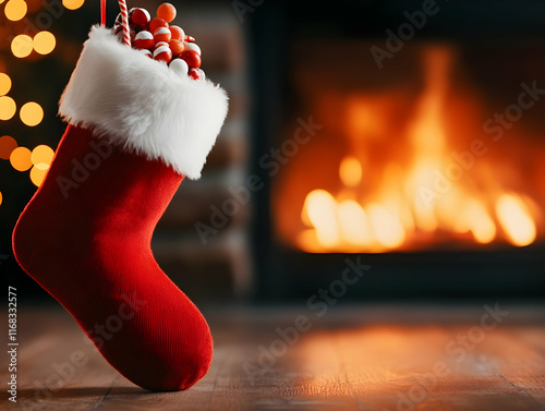 A cozy Christmas stocking filled with festive treats, hanging by a warm fireplace, evoking holiday cheer. photo