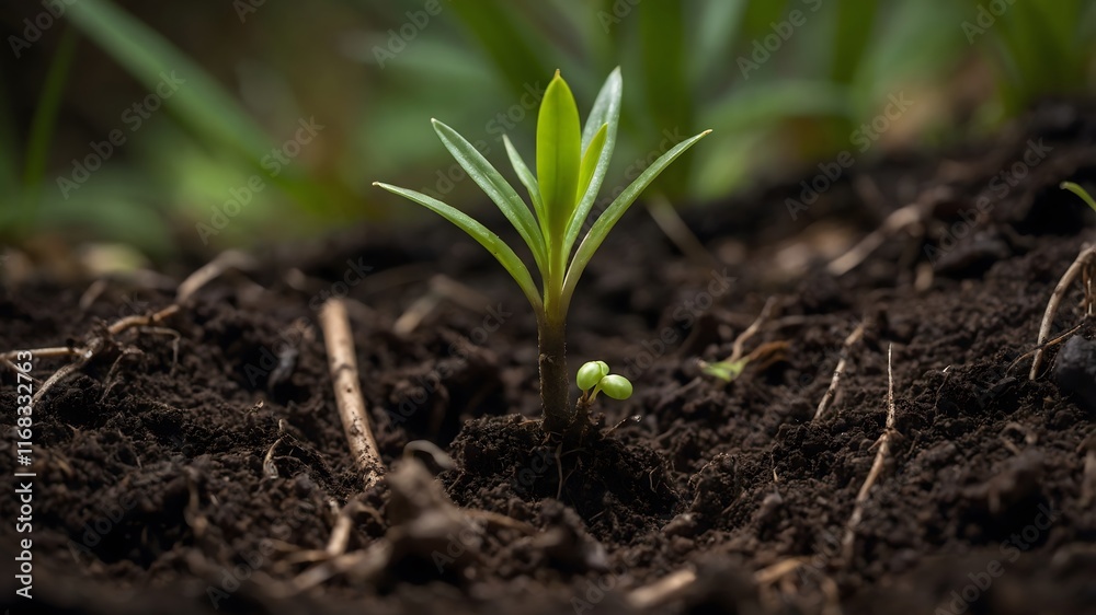 Chamaedorea Seedling Emerging from Rich Forest Soil with Its First Fronds Chamaedorea Seedling Emerging from Rich Forest Soil with Its First Fronds